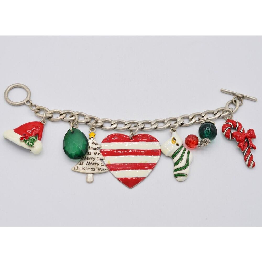 Vintage Christmas Holiday Charm Bracelet Santa Tree Candy Cane Chunky BinO